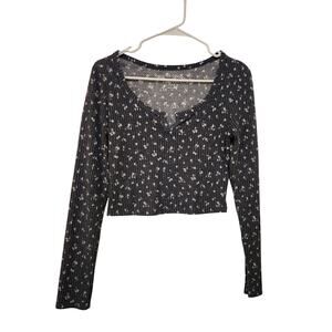 Aeropostale OG Tee Long Sleeve Floral Notch-Neck Cropped Shrunken Tee Medium